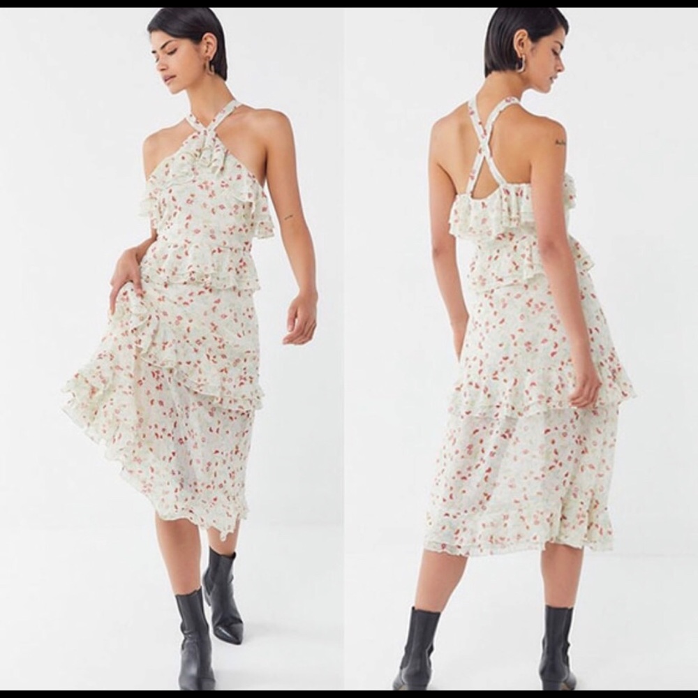 UO Sacramento Tiered Ruffle Cross-Back Midi Dress